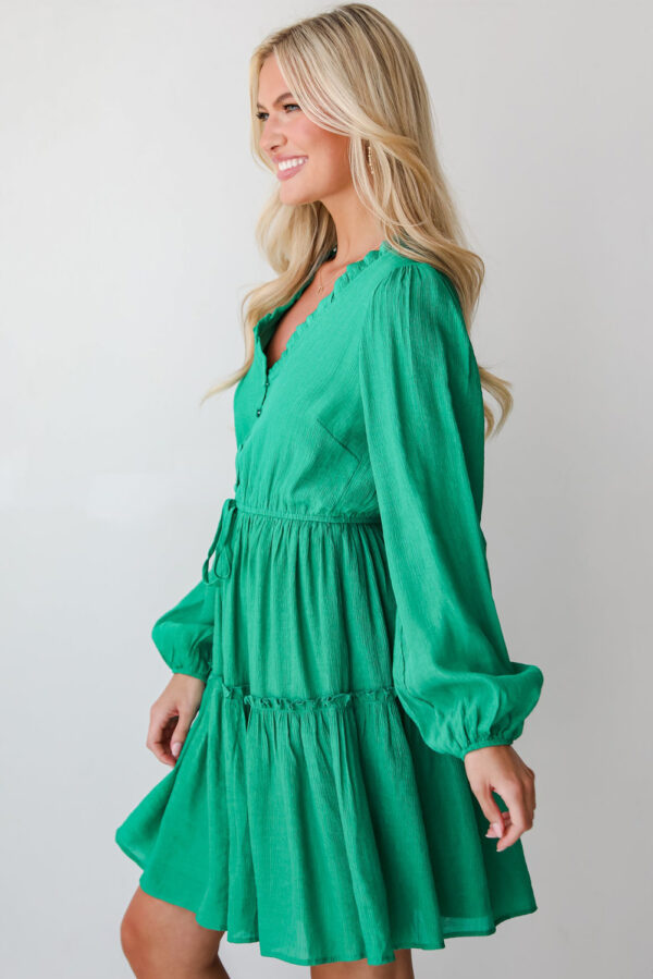 Sea Green Frilly V Neck Puff Sleeve Drawstring Shift Mini Dress - Image 3