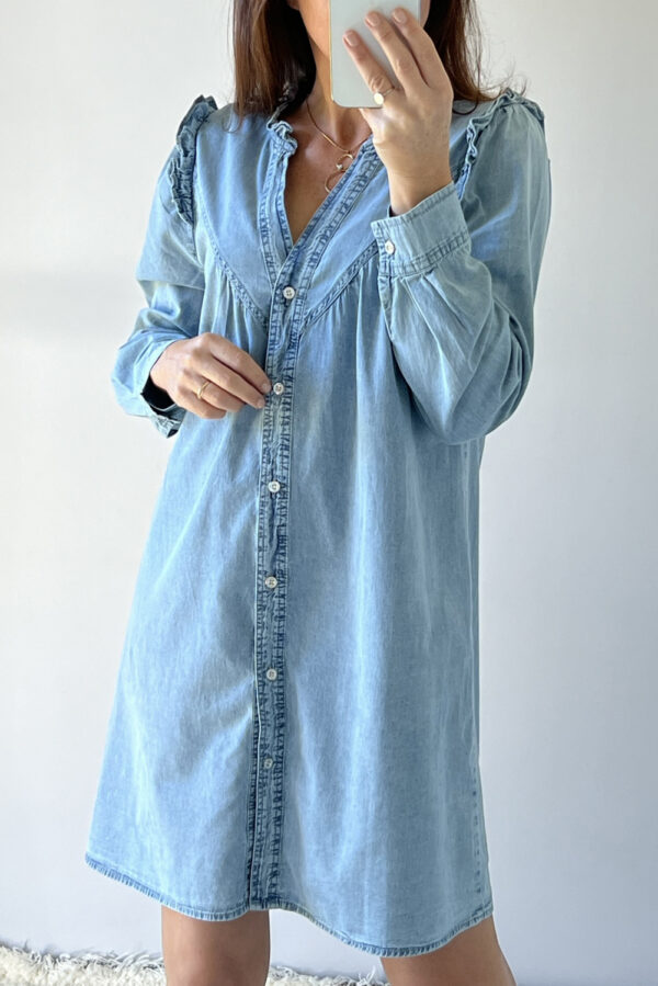 Myosotis Ruffled V Neck Buttoned Shift Denim Dress - Image 3