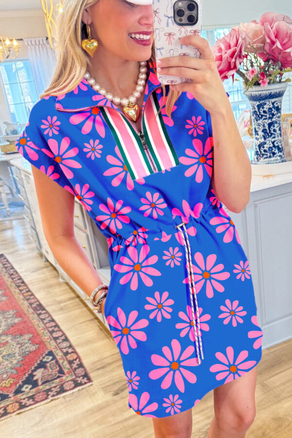 Purple Floral Striped Quarter Zip Cap Sleeve Drawstring Waist Mini Dress - Image 3