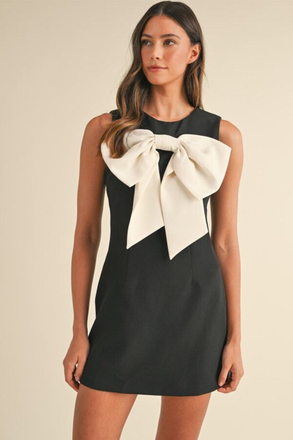 Black Contrast Bowknot Applique Crew Neck Sleeveless Mini Dress - Image 2