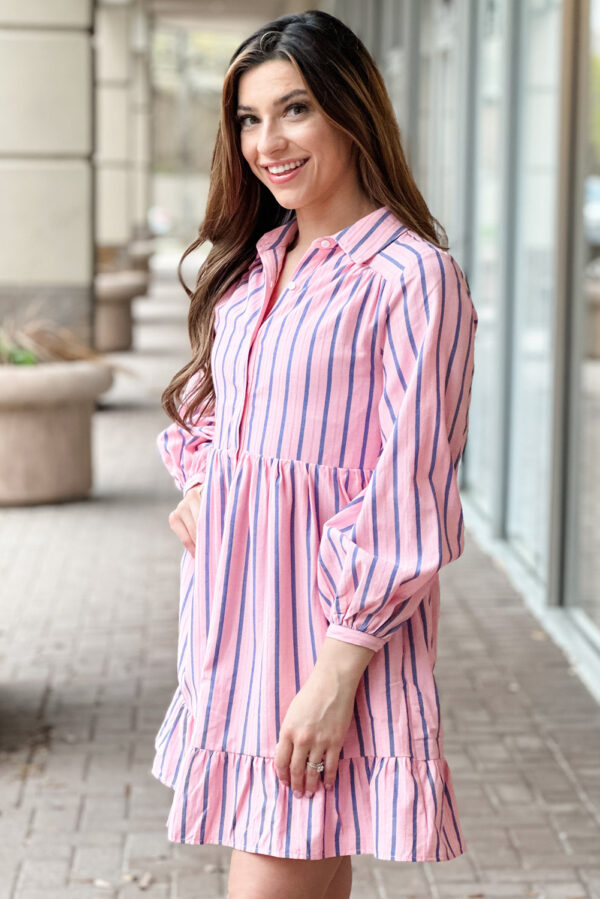 Pink Stripe Ruffled Hem Button-up Collared Shirt Mini Dress - Image 2
