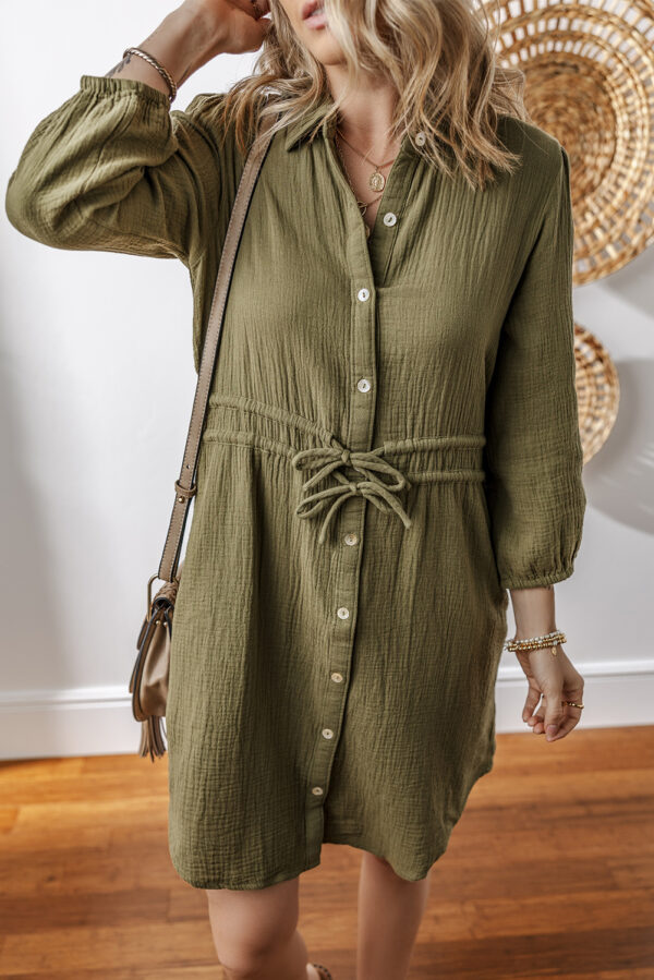 Jungle Green Textured Bracelet Sleeve Collared Button Up Dual Tied Mini Dress - Image 3