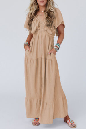 Grass Green Textured V Neck Flutter Sleeve Ruffled Maxi Dress