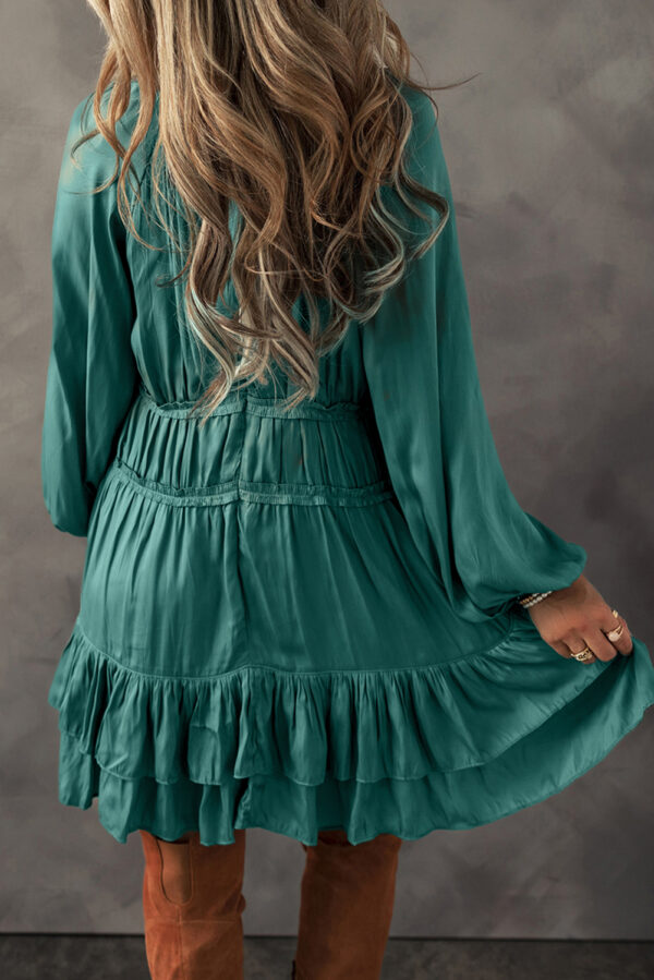 Mist Green Tiered Ruffled Puff Sleeve Loose Fit Mini Dress - Image 2