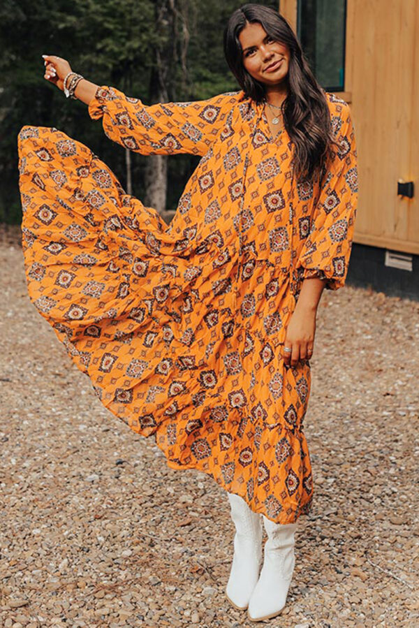 Orange Western Geometric Print Tiered Frilled Loose Fit Midi Dress - Image 3