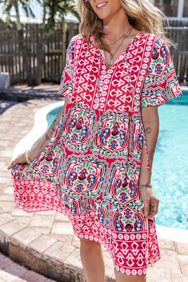 Pink Bohemian Print Tie Neck Ruffle Hem Short Dress - Image 3