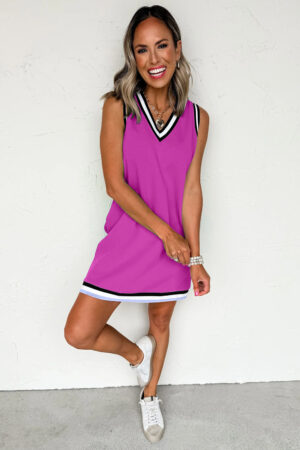 Mint Green Color Contrast Trim V Neck Shift Sleeveless Mini Dress