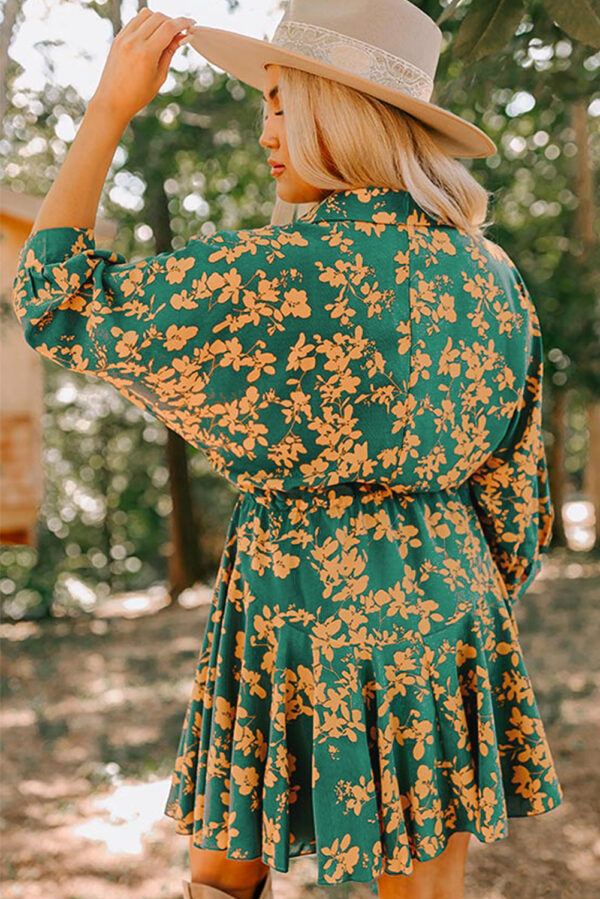 Green Floral Print Drawstring Tunic Flowy Short Dress - Image 2