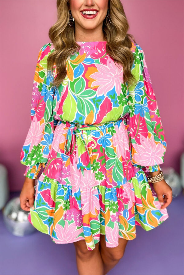 Green Multicolor Botanical Bubble Sleeve Mini Dress - Image 2