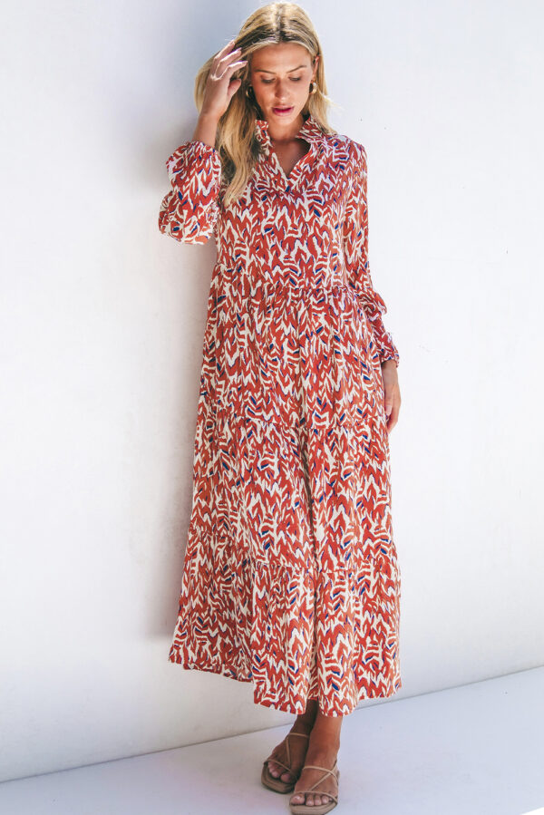 Orange Abstract Print V Neck Pleated High Waist Midi Dress - Image 3