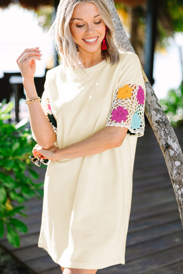 White Floral Crochet Splicing Sleeve T Shirt Dress - Image 3