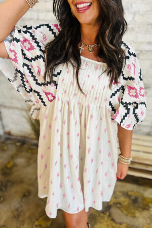 Beige Western Aztec Print Pleated Square Neck Loose Mini Dress
