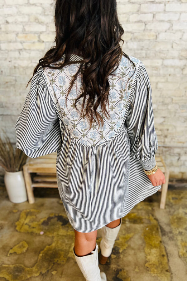 Black Stripe Floral Patchwork Tied V Neck Shift Long Sleeve Mini Dress - Image 2