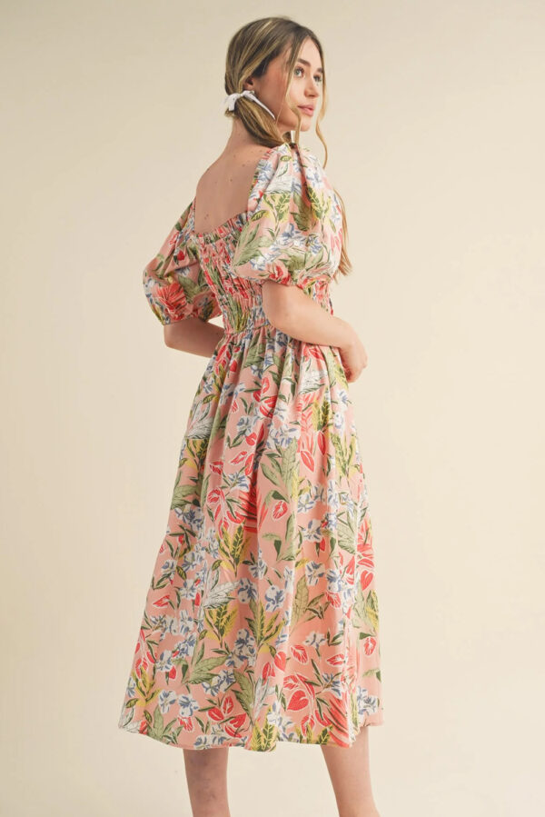 Apricot Pink Floral Smocked Bust Bubble Short Sleeve Maxi Dress - Image 2