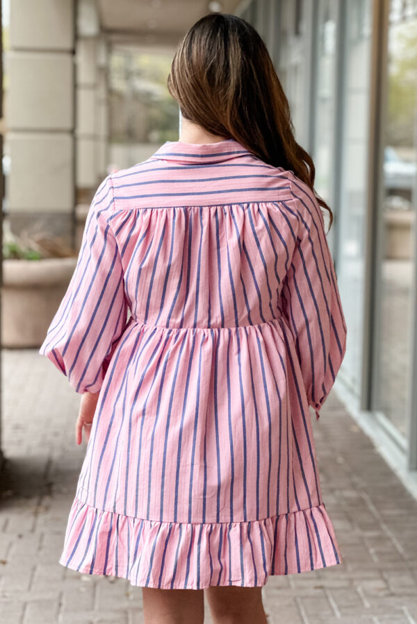 Pink Stripe Ruffled Hem Button-up Collared Shirt Mini Dress - Image 3