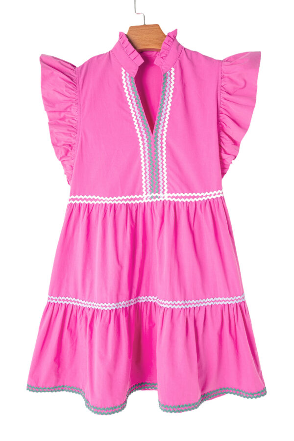 Strawberry Pink Ric Rac Colorblock Flutter Sleeve V Neck Tiered Dress - Image 3