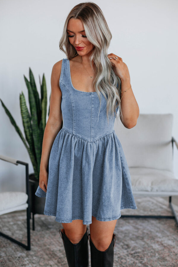 Myosotis Square Neck Bowknot A-line Sleeveless Denim Dress - Image 2