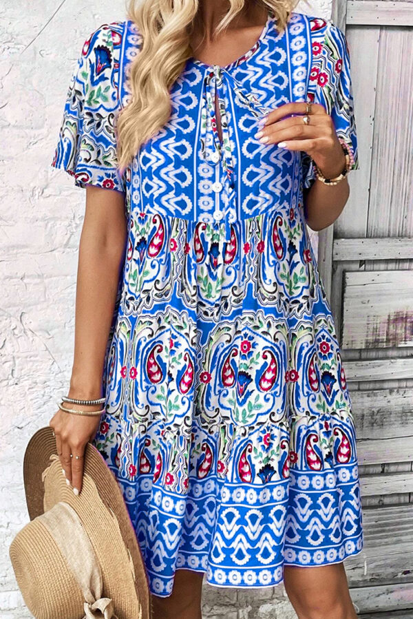 Pink Bohemian Print Tie Neck Ruffle Hem Short Dress - Image 6
