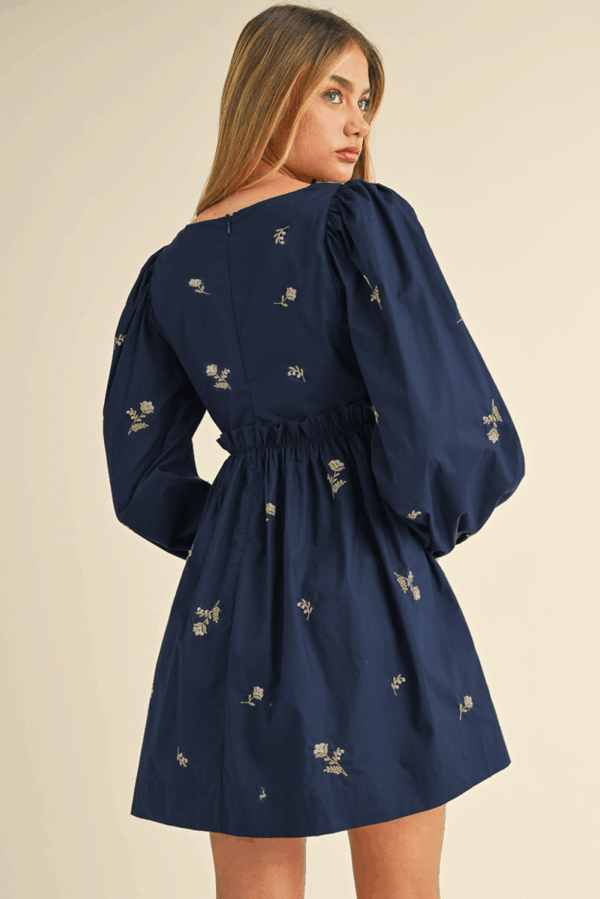 Blue Floral Embroidered Square Neck Puff Sleeve Ruffled Mini Dress - Image 2