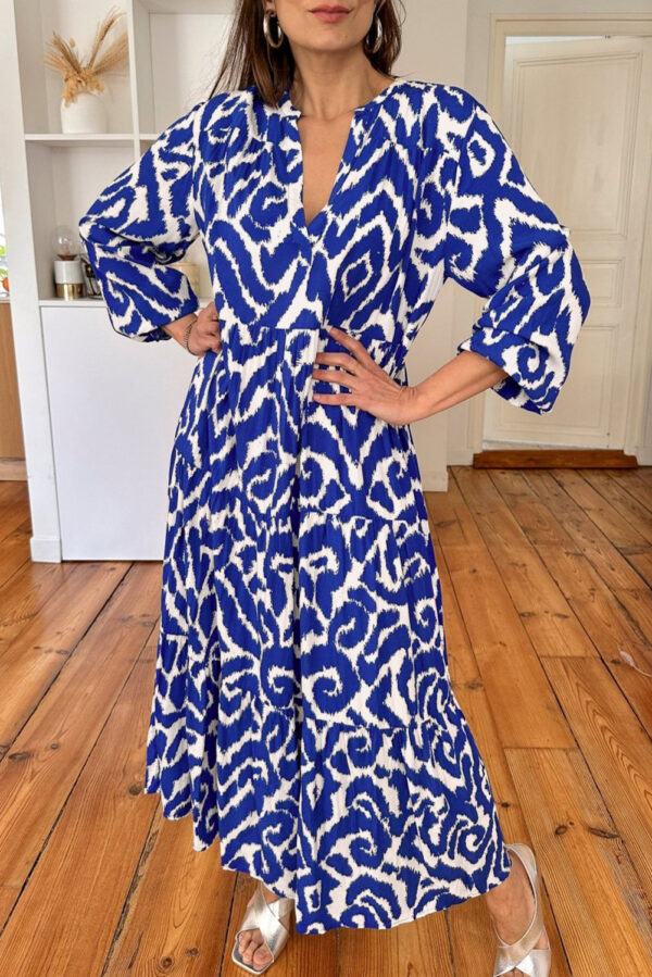 Blue Western Abstract Geometric Printed Maxi Dress - Image 2