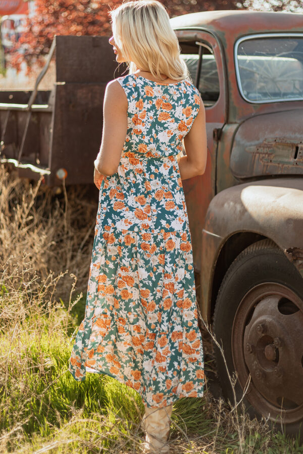 Green Floral Print Trimmed V Neck Tie Waist Sleeveless Holiday Long Dress - Image 2