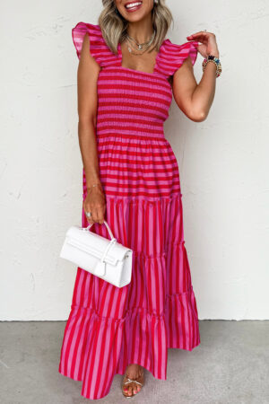 Rose Stripe Flutter Sleeve Smocked Bodice Tiered Maxi Dress