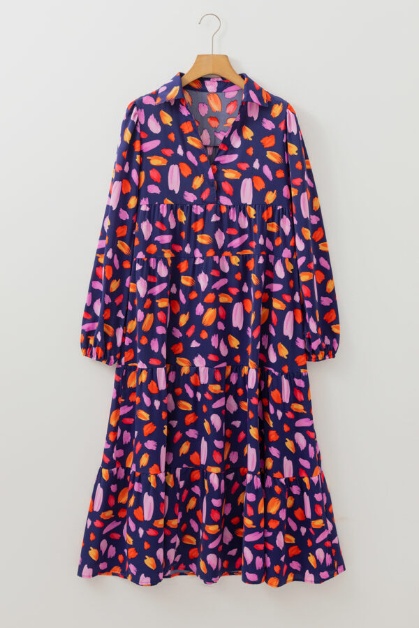 Blue Petal Collared Tiered Flowy Long Dress - Image 3