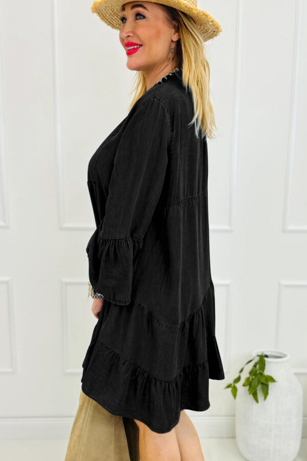 Black Chambray Ruffled 3/4 Sleeve Tiered Split V Neck Mini Dress - Image 2