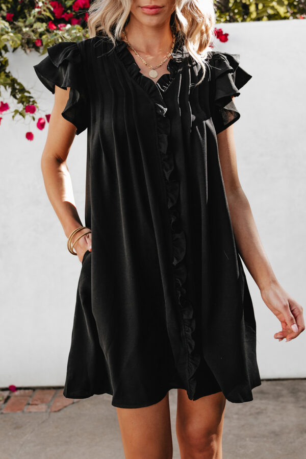 Mist Green Ruffle Sleeve V Neck Frilled Shift Dress - Image 4