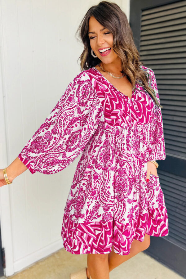 Orange Bohemian Print Puff Sleeve Tied V Neck Flared Mini Dress - Image 9