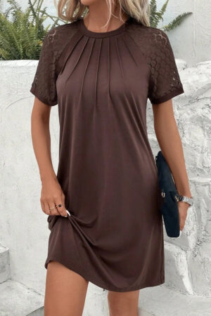 Light French Beige Contrast Lace Raglan Sleeve Pleated Detail Shift Dress