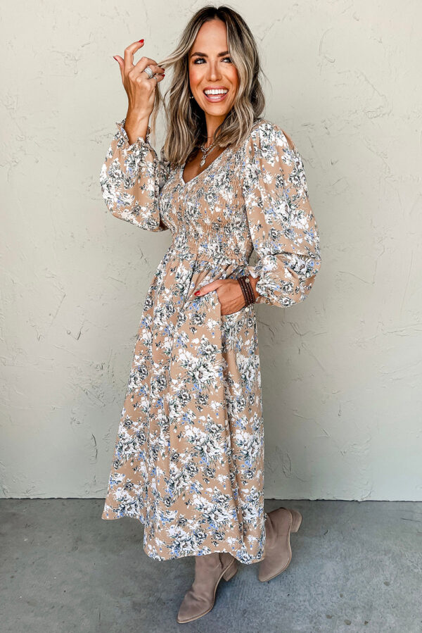 Khaki Maple Grove Floral Smocked Puff Sleeve Long Dress - Image 3