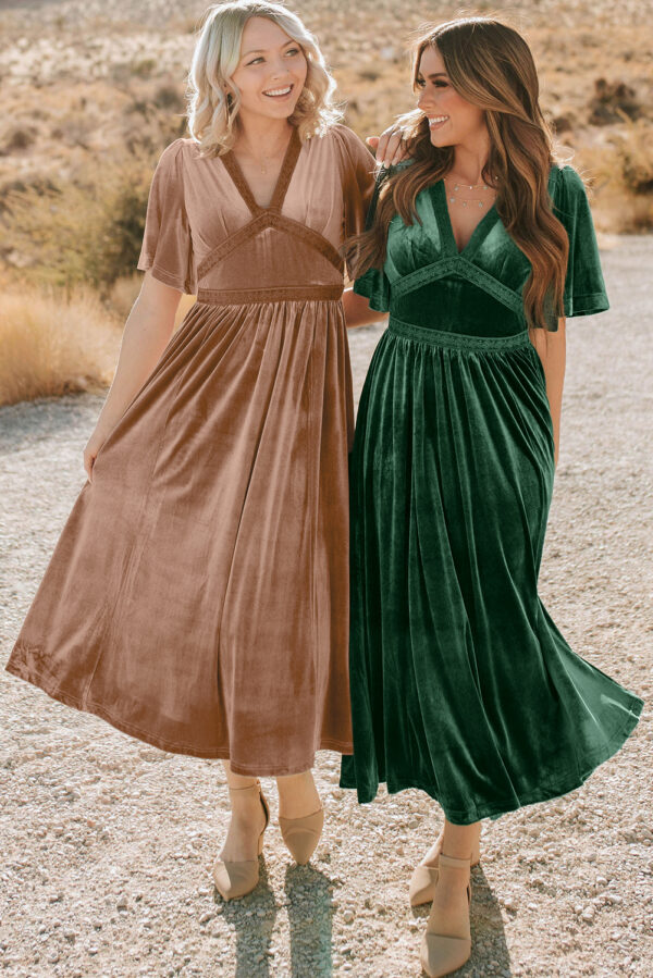 Chestnut Velvet Lacy V Neckline Short Sleeve Empire Waist Flowy Maxi Dress - Image 3