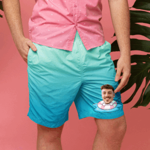 Custom Face Beach Shorts Personalized Swim Ring Green to Blue Gradient Swim Trunks
