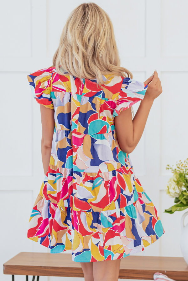Pink Abstract Printed Ruffled Flutter Sleeve Tiered Mini Dress - Image 2