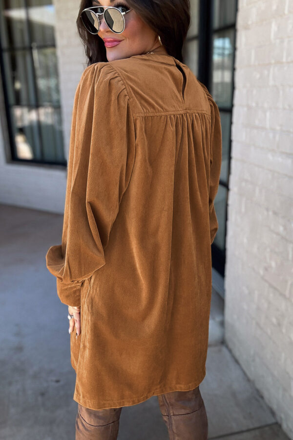 Desert Gold Corduroy Pleated Puff Sleeve Shift Short Dress - Image 2