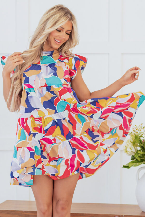 Pink Abstract Printed Ruffled Flutter Sleeve Tiered Mini Dress - Image 3