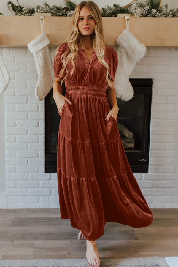 Chestnut Velvet Short Sleeve Shirred Waist Tiered Maxi Dress - Image 2
