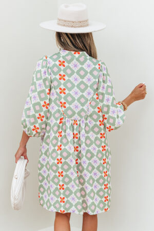 Green Geometric Floral Print 3/4 Sleeve Notched Neck Mini Dress