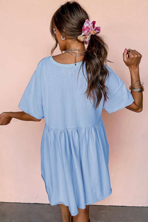 Sky Blue Solid Color Pocketed Raw Edge Babydoll Dress - Image 2