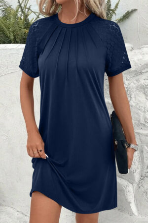 Light French Beige Contrast Lace Raglan Sleeve Pleated Detail Shift Dress