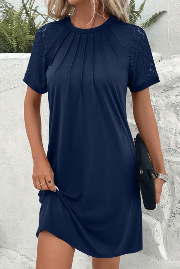 Light French Beige Contrast Lace Raglan Sleeve Pleated Detail Shift Dress - Image 13