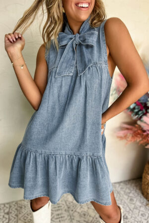 Beau Blue Bowknot Neck Sleeveless Ruffled Chambray Dress