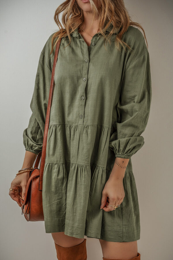 Tan Puff Sleeve Buttoned Tiered Pleated Shirt Mini Dress - Image 4
