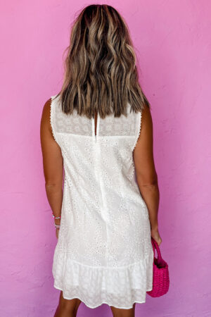 White Floral Eyelet Embroidered Sleeveless Shift Dress