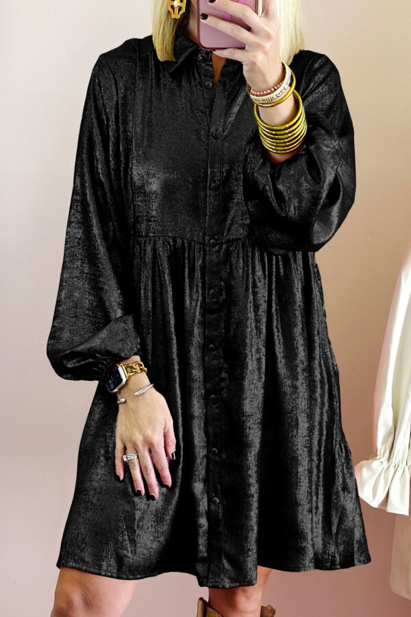 Apricot Metallic Sheen Puff Sleeve Button Up Mini Shirt Dress - Image 4
