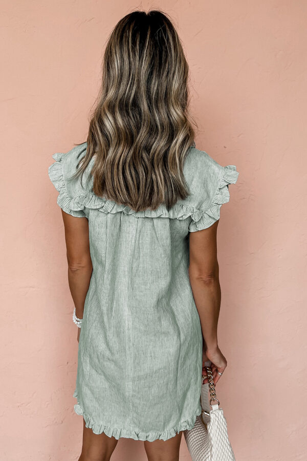 Green Stripe Frilled Sleeveless Collar Front Pocket Button Up Mini Dress - Image 2