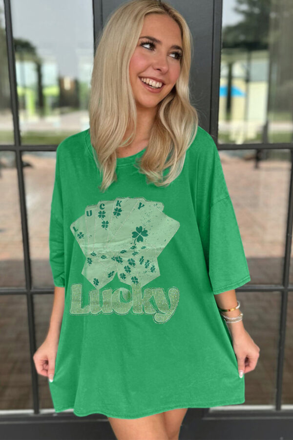 Bright Green Rhinestone Lucky Poker Cards Oversized T Shirt Mini Dress - Image 3