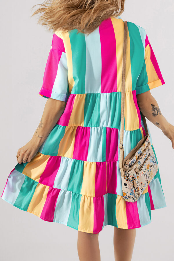 Rose Stripe Colorblock Short Sleeve Mini Shirt Dress - Image 2