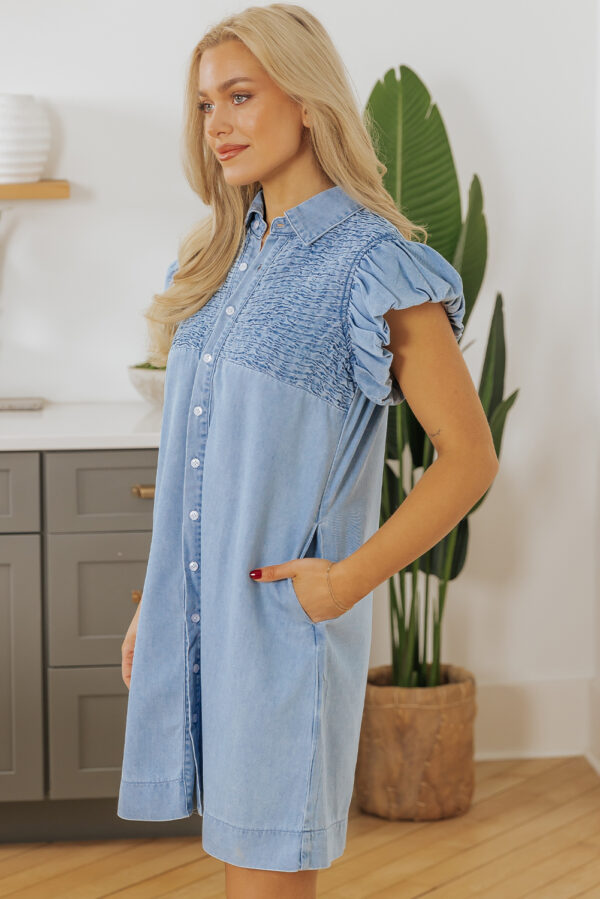 Beau Blue Flutter Sleeve Shirred Detail Button Up Denim Mini Dress - Image 3